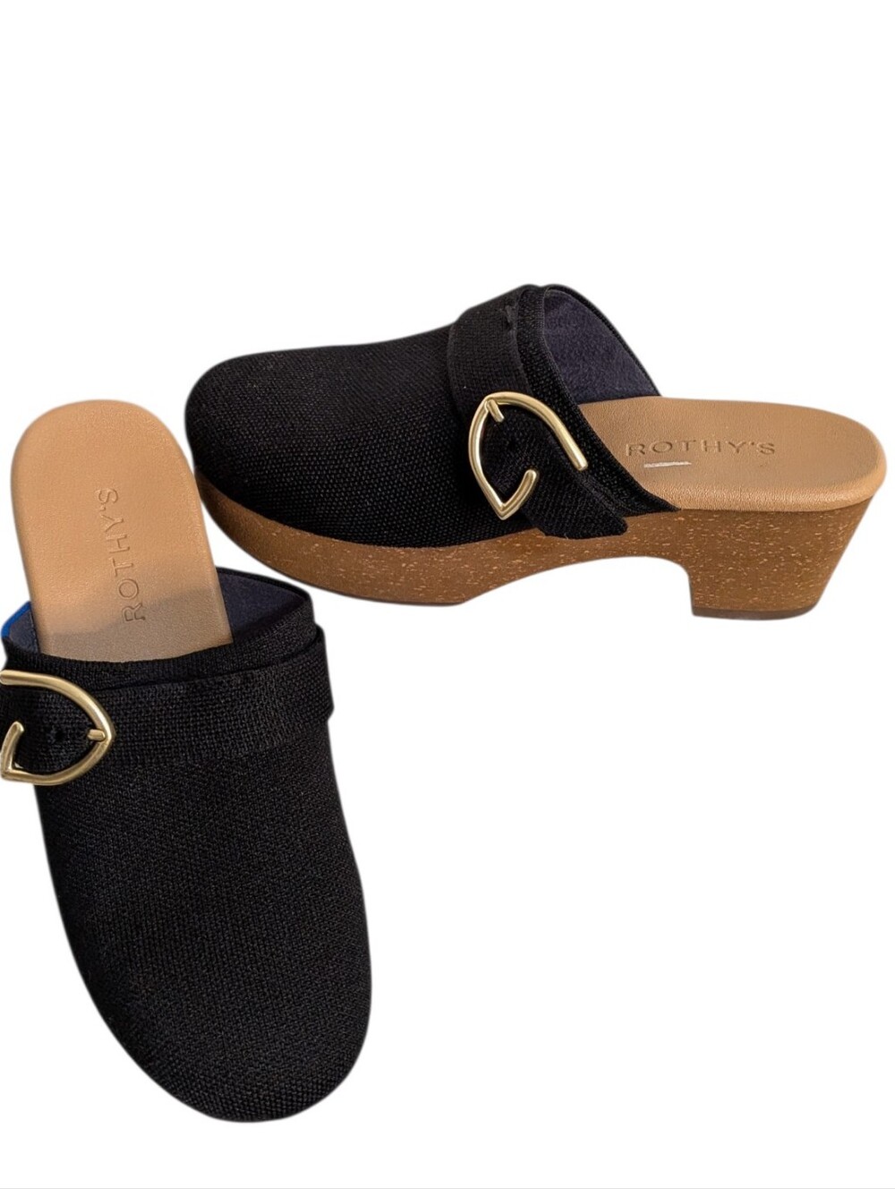 Rothy's Black Clog Mules with Gold Buckle Accent....Size 7.5